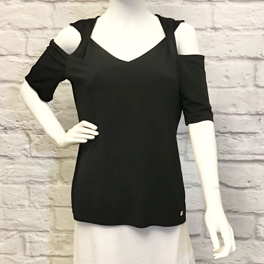 Anne Klein Medium Cold Shoulder Women’s Top Blouse Shirt Black Stretch